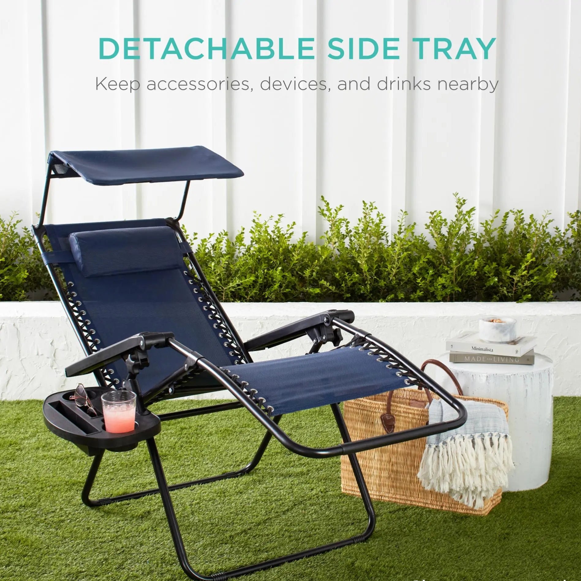 Folding Zero Gravity Recliner Patio Lounge Chair with Canopy Shade, Headrest & Side Tray