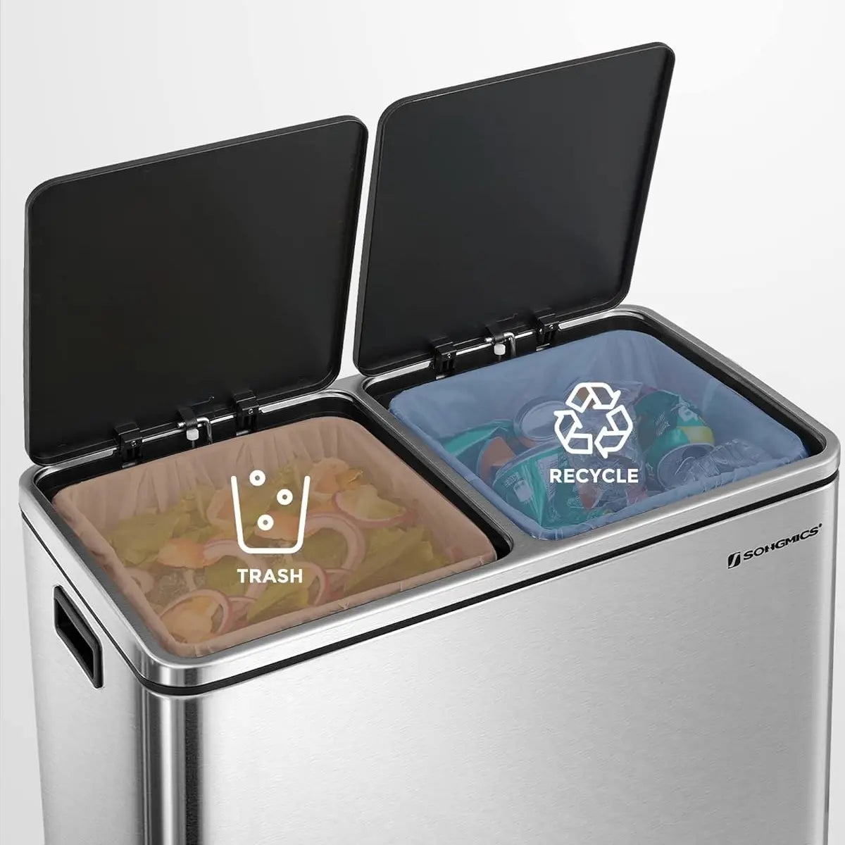 Stainless Steel Kitchen Trash Can Dual Compartment with Soft Close Lids and Removable Inner Buckets