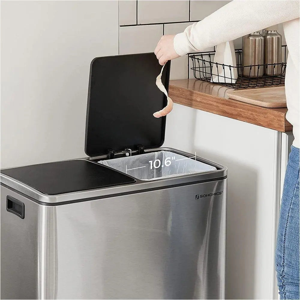 Stainless Steel Kitchen Trash Can Dual Compartment with Soft Close Lids and Removable Inner Buckets