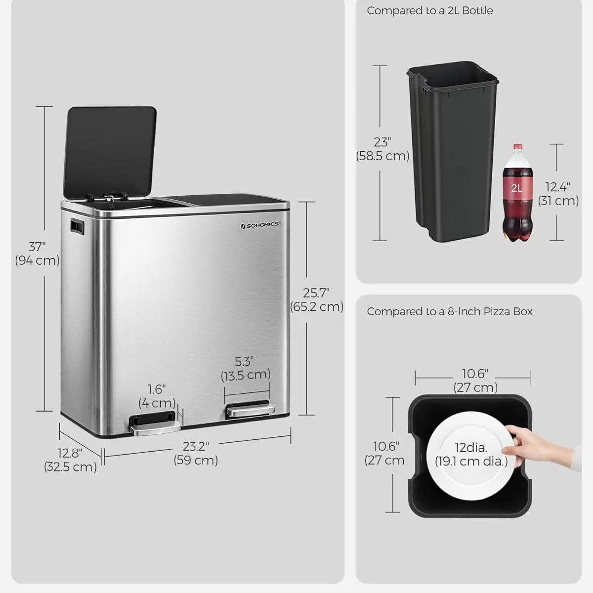 Stainless Steel Kitchen Trash Can Dual Compartment with Soft Close Lids and Removable Inner Buckets