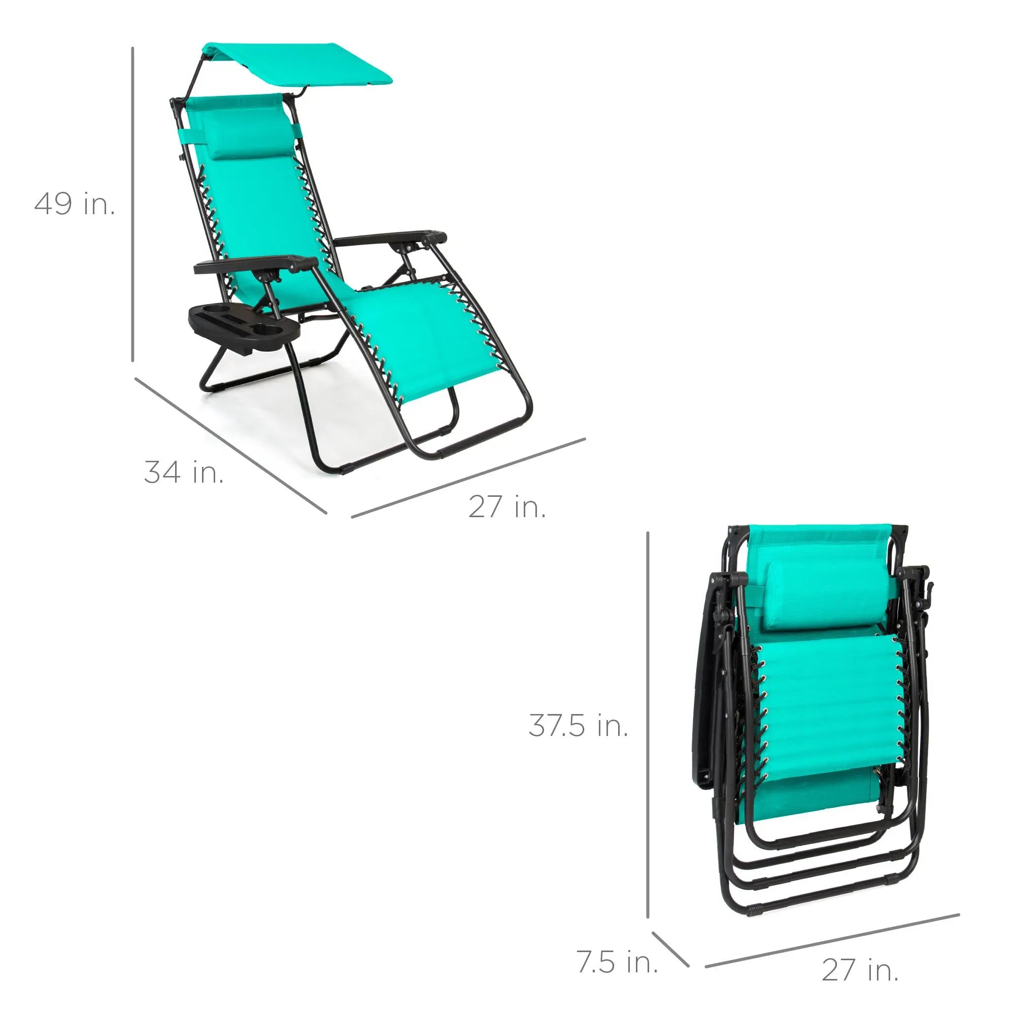 Folding Zero Gravity Recliner Patio Lounge Chair with Canopy Shade, Headrest & Side Tray