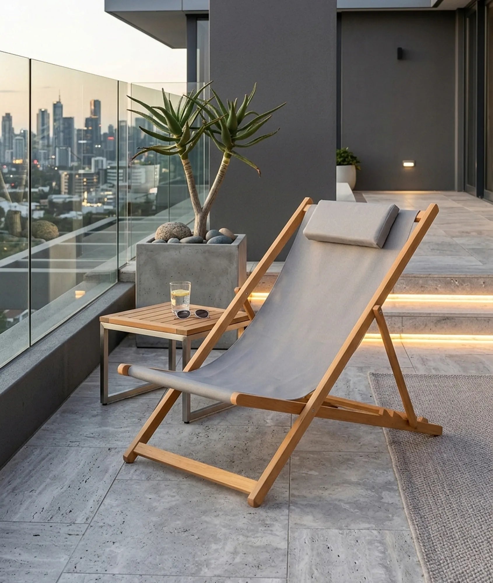 Aluminum Wood Effect Reclining Lounge Chair with Cushion for Patio