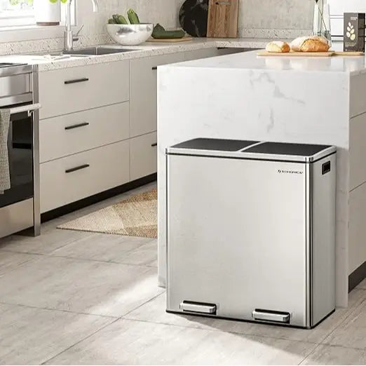 Stainless Steel Kitchen Trash Can Dual Compartment with Soft Close Lids and Removable Inner Buckets