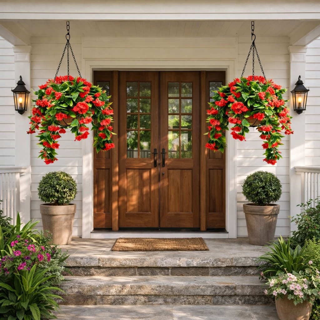 Faux Crepe Myrtle Hanging Baskets UV Resistant Artificial Flower Planters with Coconut Liner & Metal Chain