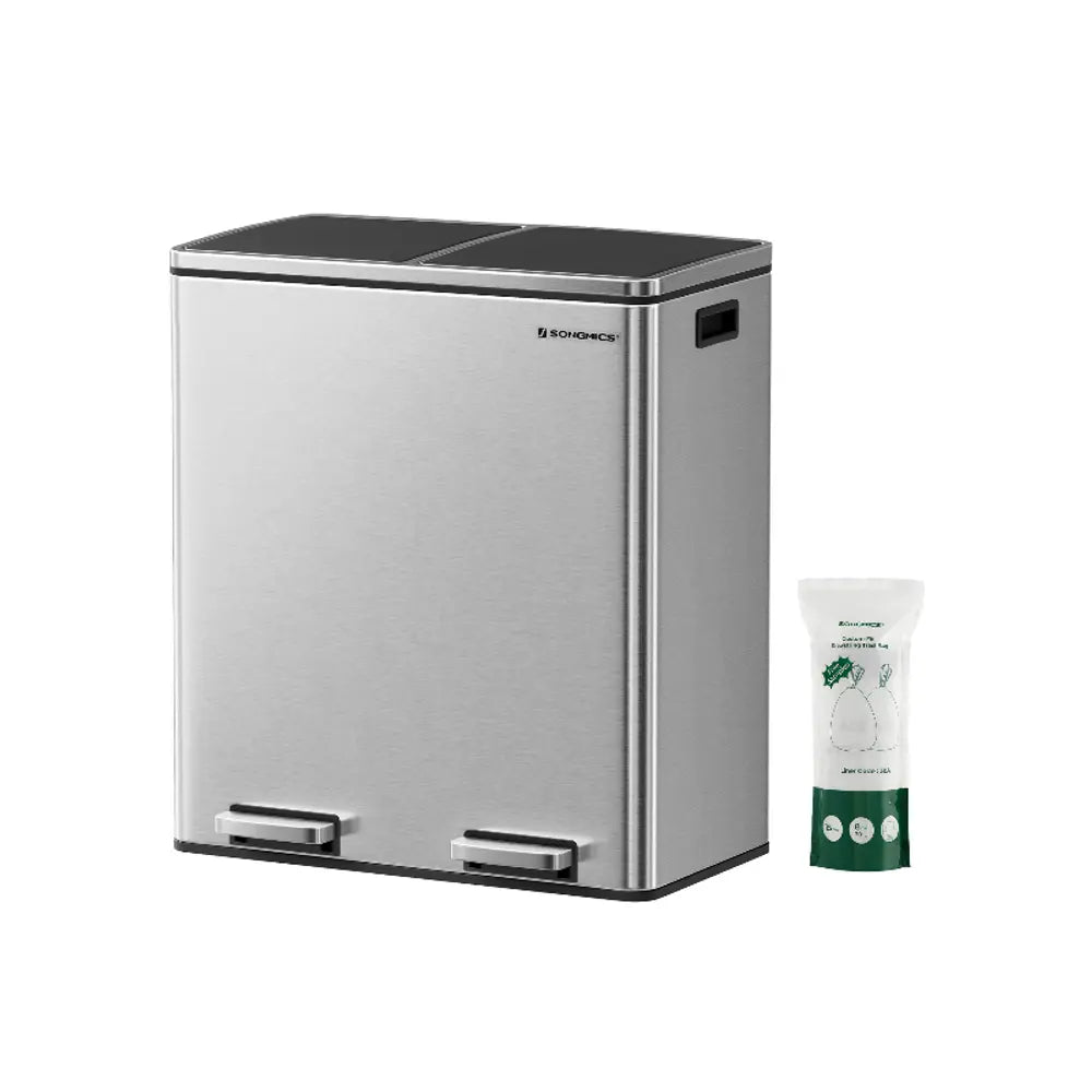 Stainless Steel Kitchen Trash Can Dual Compartment with Soft Close Lids and Removable Inner Buckets
