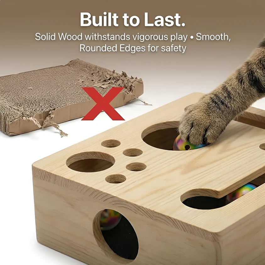 Solid Wood Cat Nail File Enrichment Box with Built-in Sandpaper