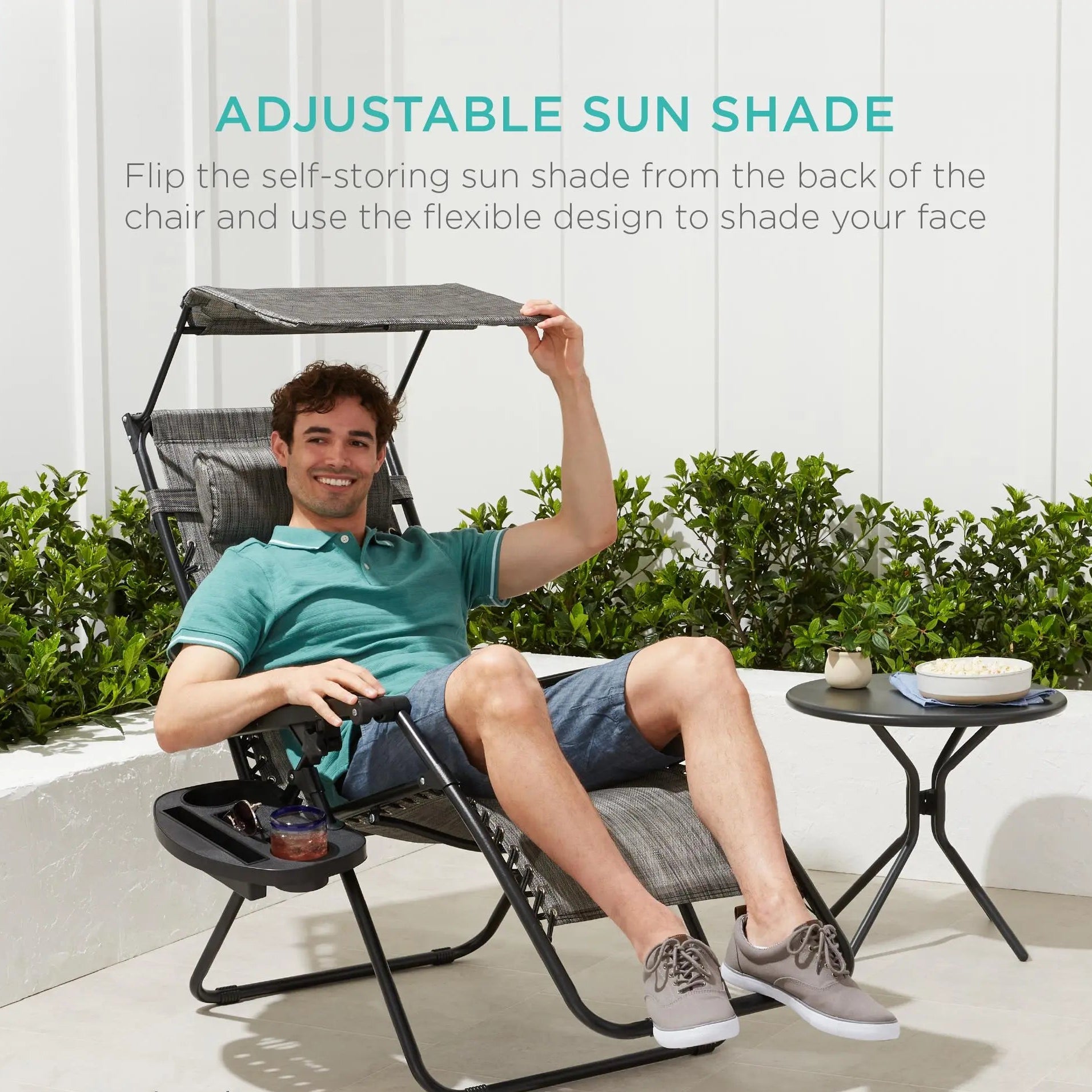 Folding Zero Gravity Recliner Patio Lounge Chair with Canopy Shade, Headrest & Side Tray