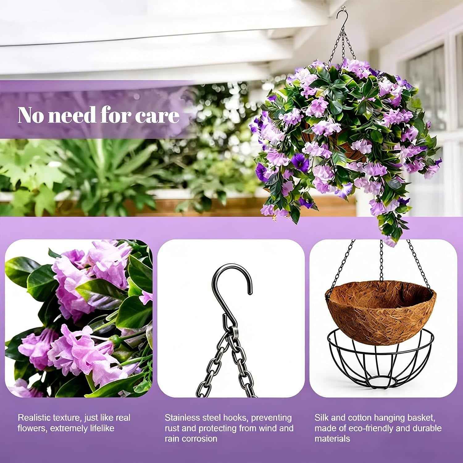 Faux Crepe Myrtle Hanging Baskets UV Resistant Artificial Flower Planters with Coconut Liner & Metal Chain