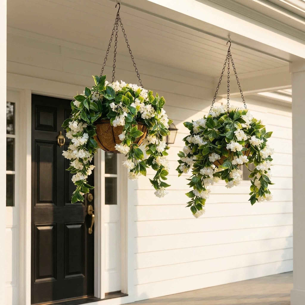 Faux Crepe Myrtle Hanging Baskets UV Resistant Artificial Flower Planters with Coconut Liner & Metal Chain