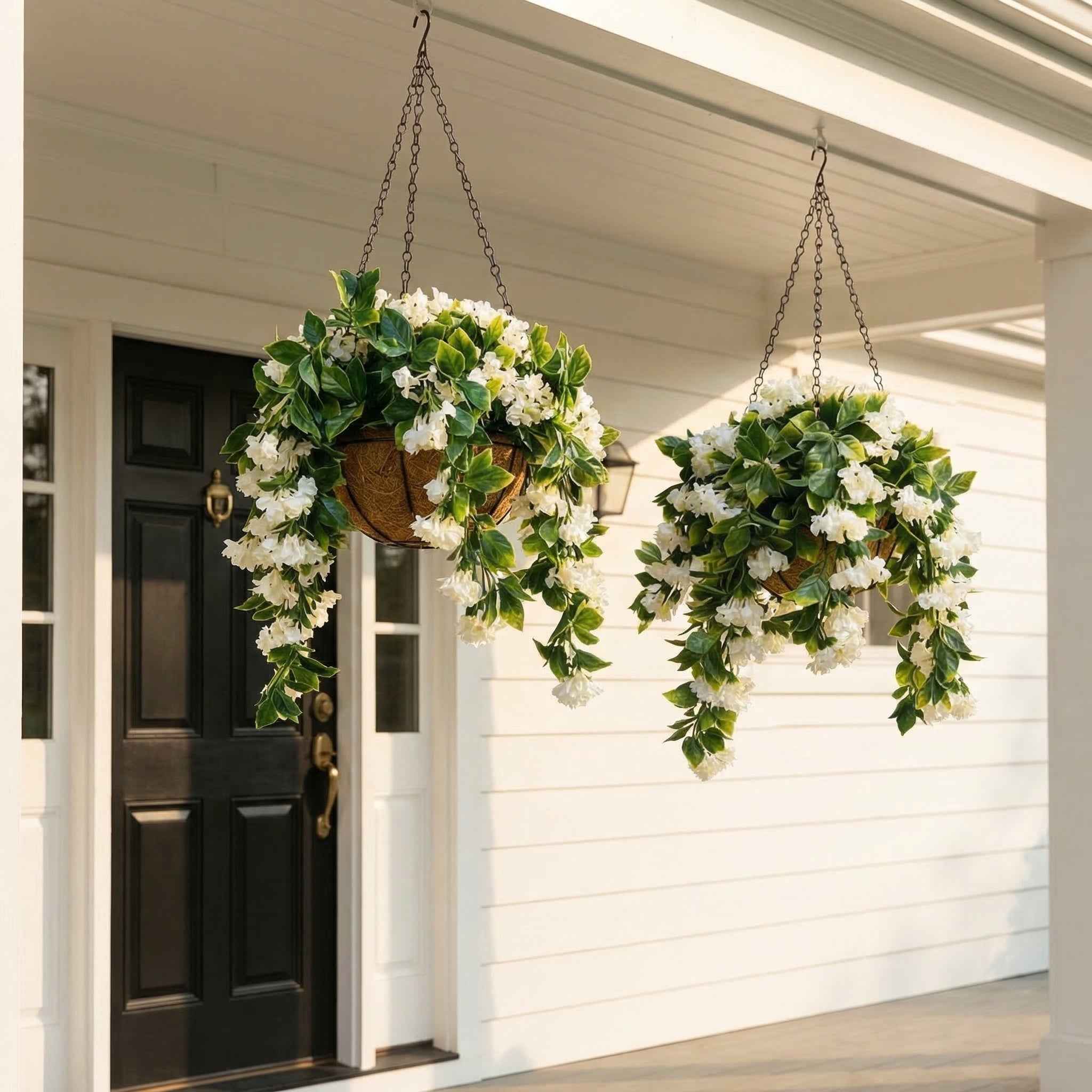 Faux Crepe Myrtle Hanging Baskets UV Resistant Artificial Flower Planters with Coconut Liner & Metal Chain