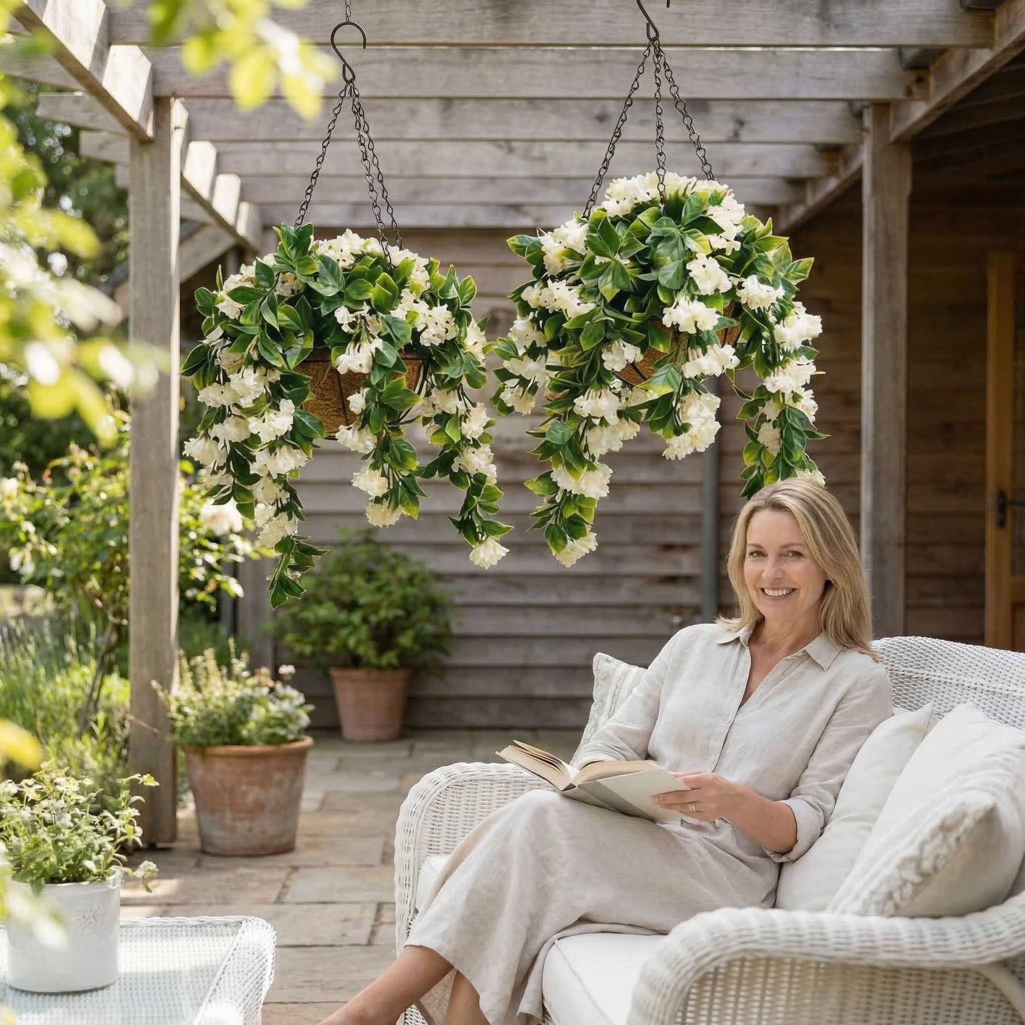 Faux Crepe Myrtle Hanging Baskets UV Resistant Artificial Flower Planters with Coconut Liner & Metal Chain