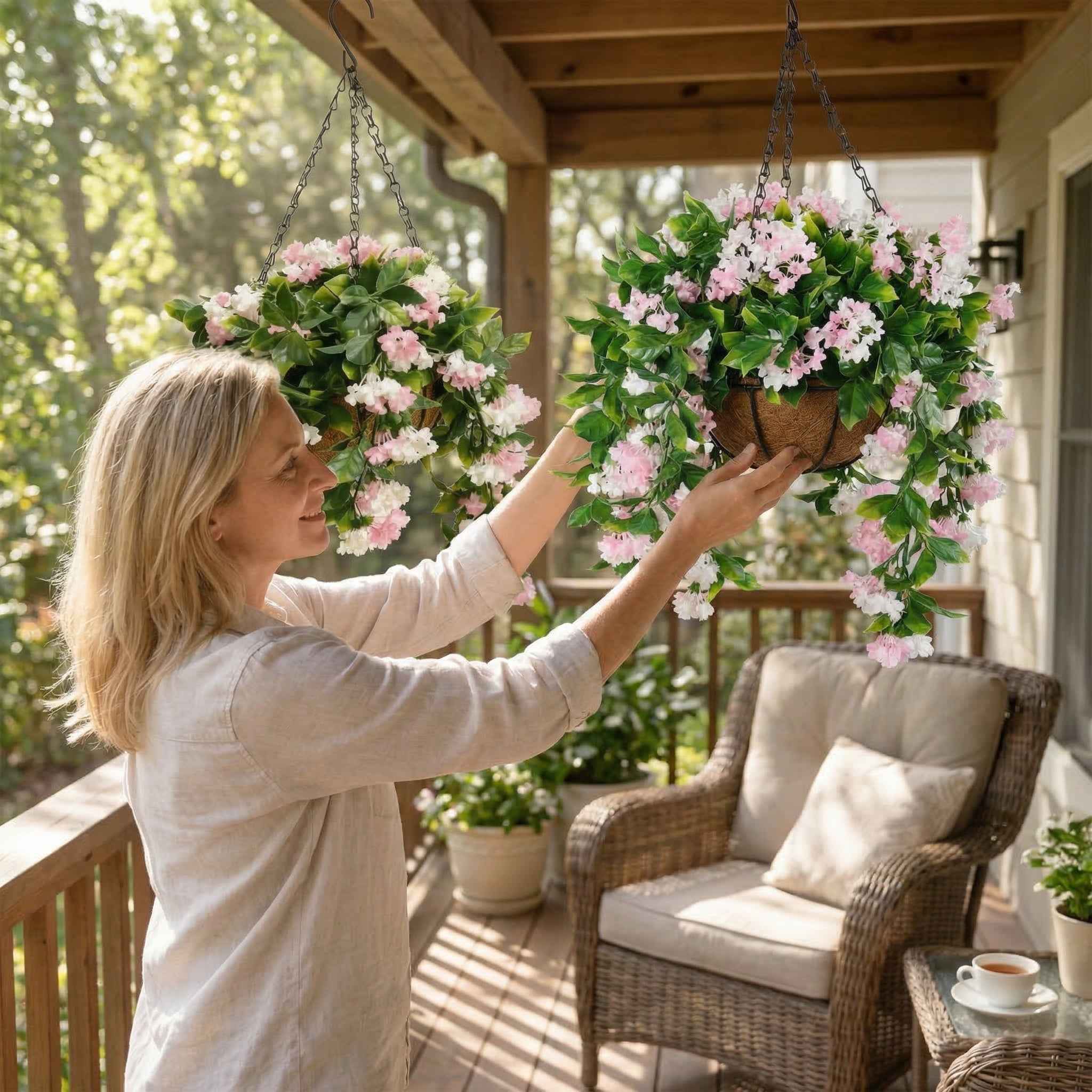 Faux Crepe Myrtle Hanging Baskets UV Resistant Artificial Flower Planters with Coconut Liner & Metal Chain