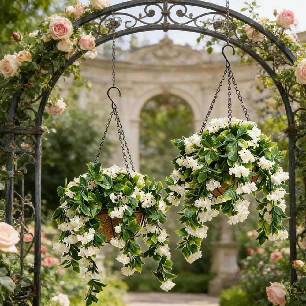 Faux Crepe Myrtle Hanging Baskets UV Resistant Artificial Flower Planters with Coconut Liner & Metal Chain