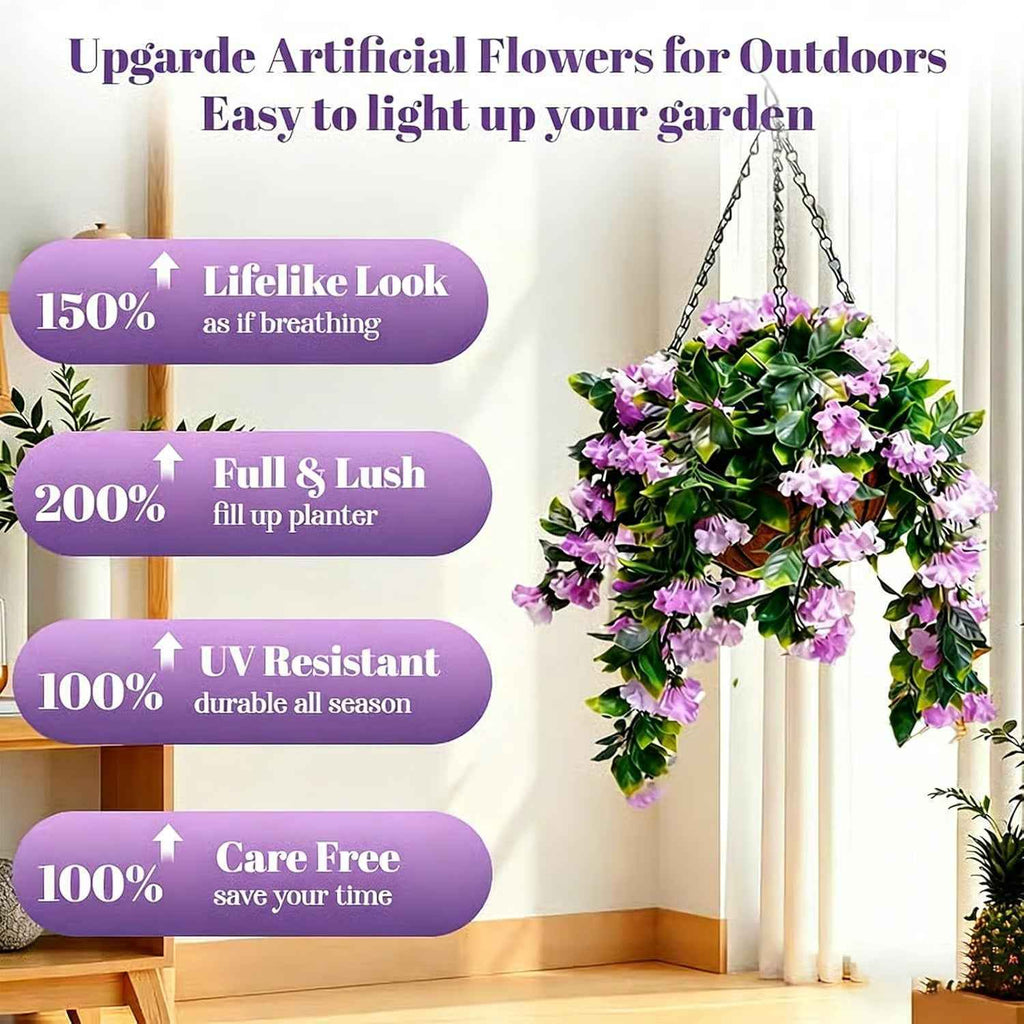 Faux Crepe Myrtle Hanging Baskets UV Resistant Artificial Flower Planters with Coconut Liner & Metal Chain