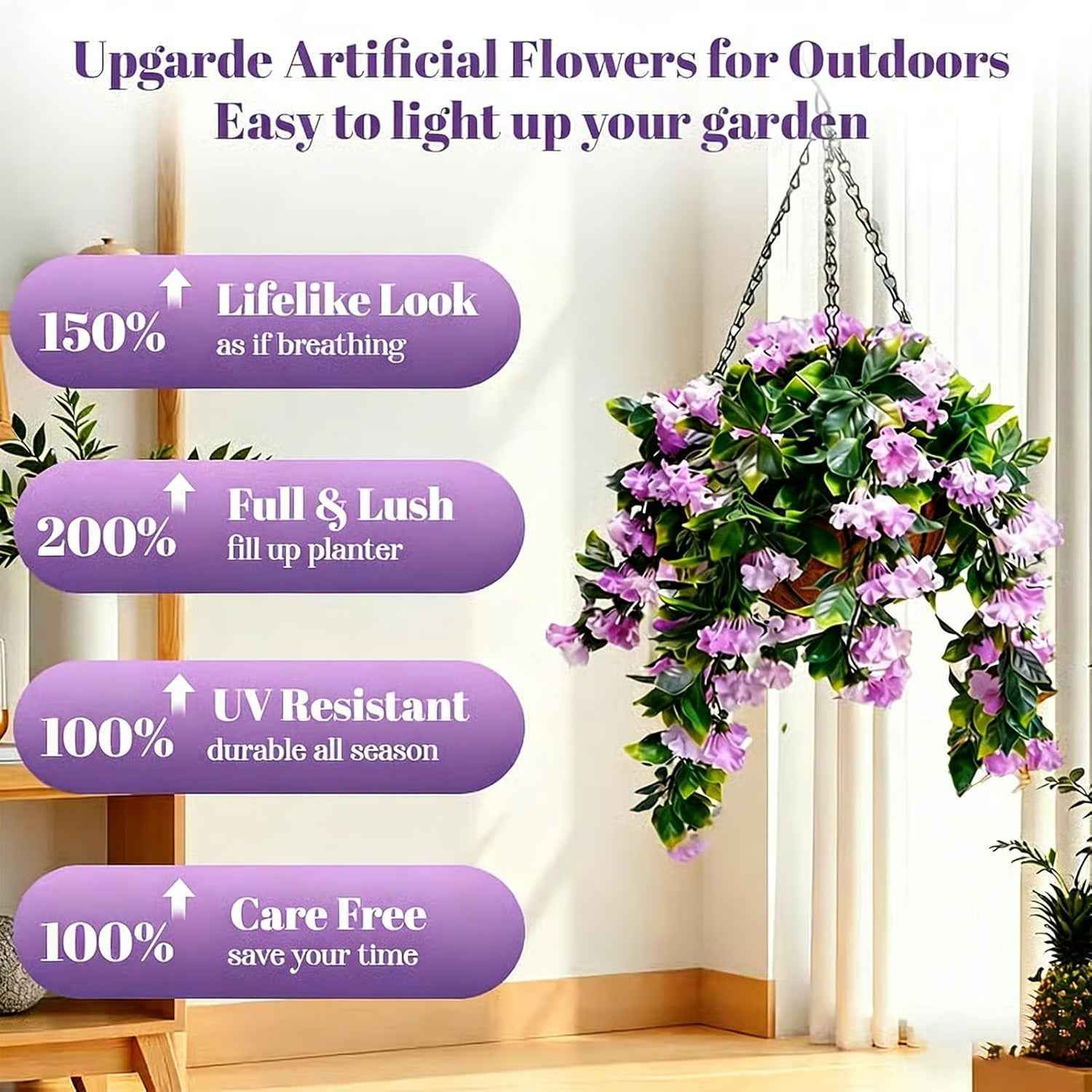 Faux Crepe Myrtle Hanging Baskets UV Resistant Artificial Flower Planters with Coconut Liner & Metal Chain