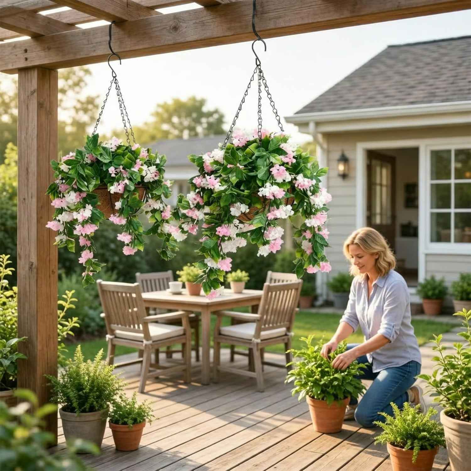 Faux Crepe Myrtle Hanging Baskets UV Resistant Artificial Flower Planters with Coconut Liner & Metal Chain