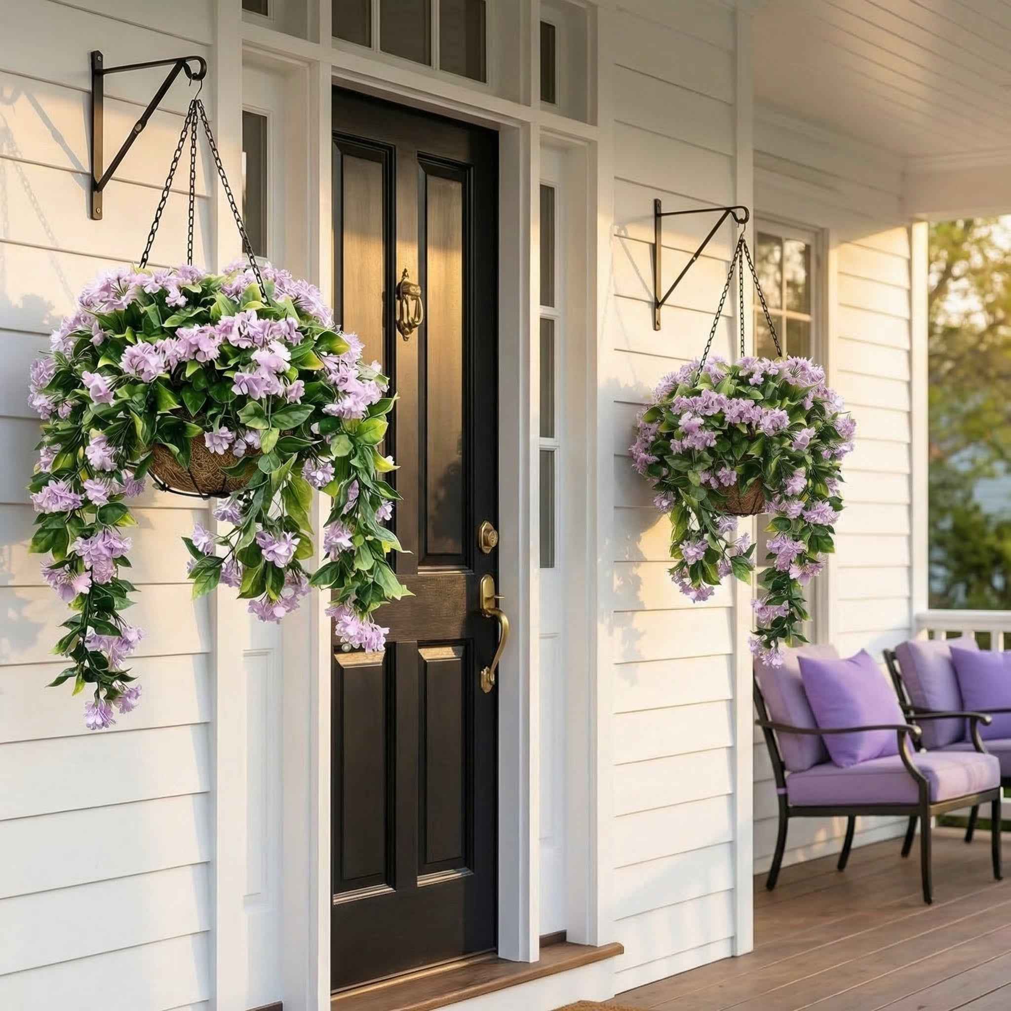 Faux Crepe Myrtle Hanging Baskets UV Resistant Artificial Flower Planters with Coconut Liner & Metal Chain