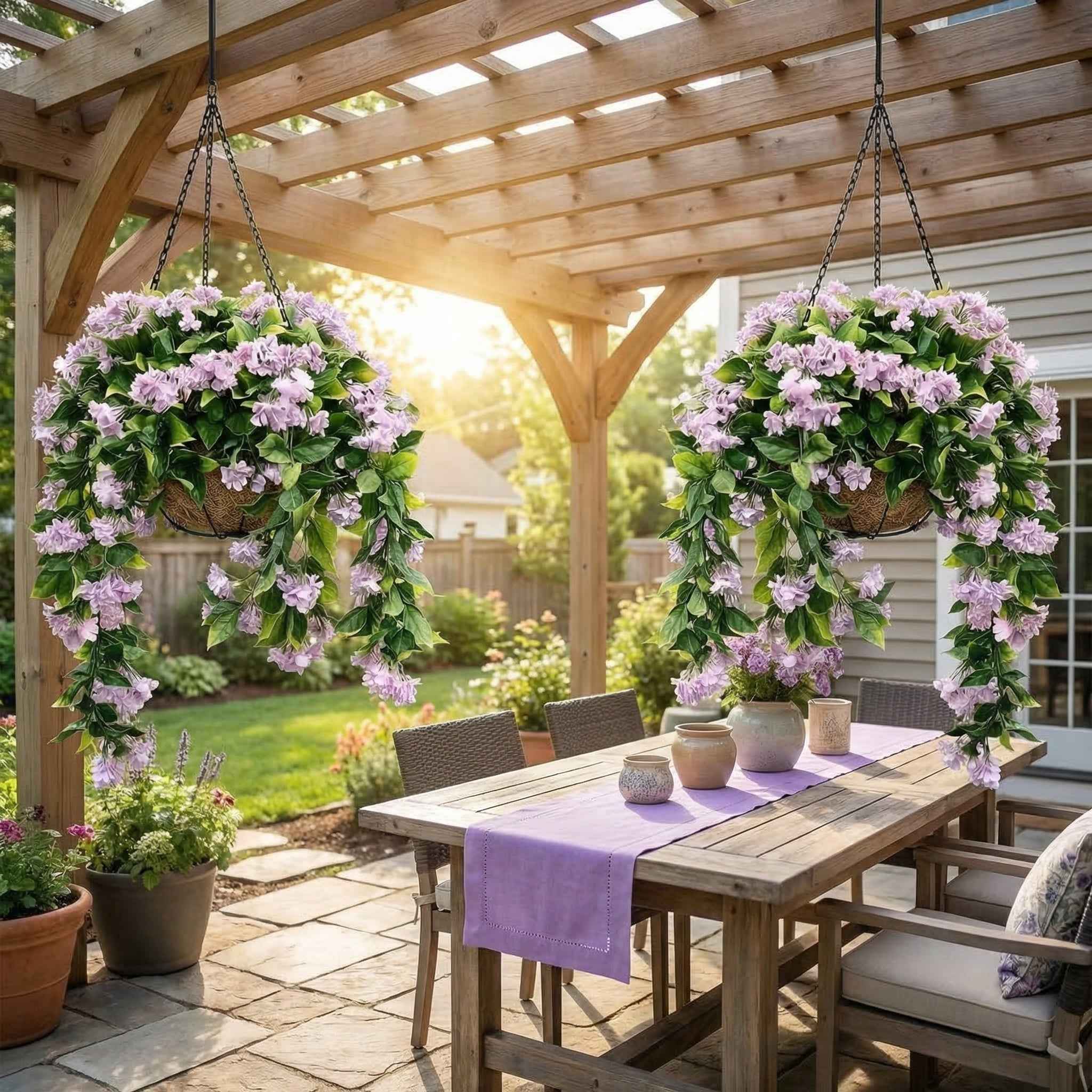 Faux Crepe Myrtle Hanging Baskets UV Resistant Artificial Flower Planters with Coconut Liner & Metal Chain