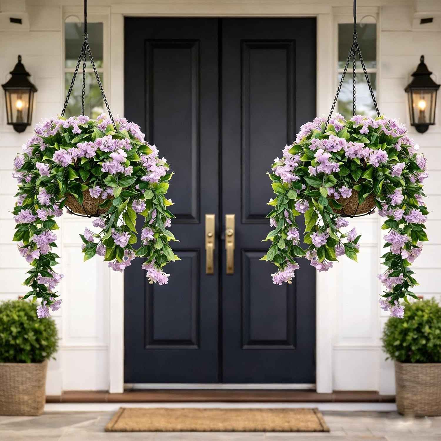 Faux Crepe Myrtle Hanging Baskets UV Resistant Artificial Flower Planters with Coconut Liner & Metal Chain