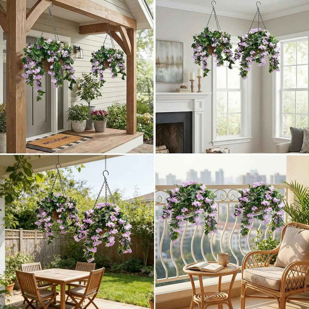 Faux Crepe Myrtle Hanging Baskets UV Resistant Artificial Flower Planters with Coconut Liner & Metal Chain