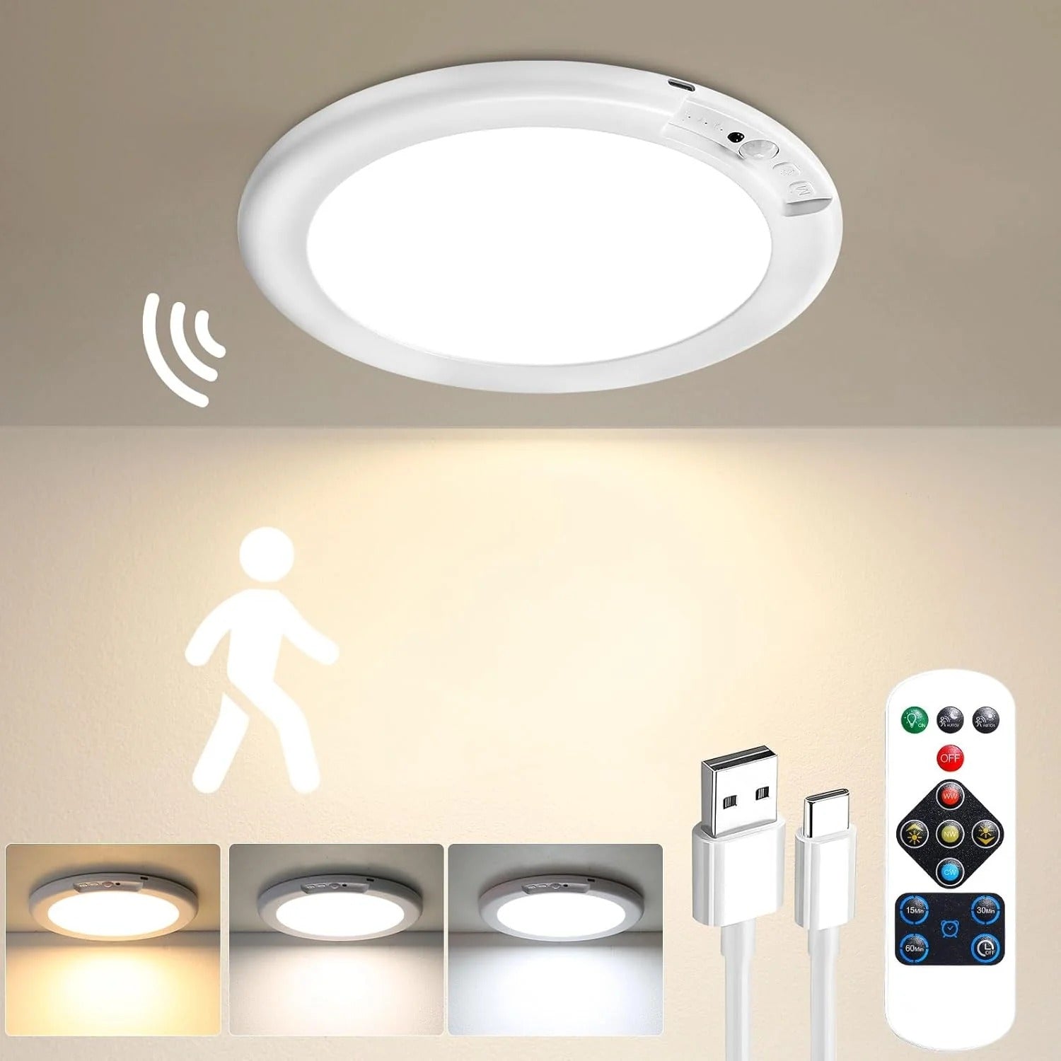 Wireless Motion Sensor Ceiling Light Rechargeable No-Drill