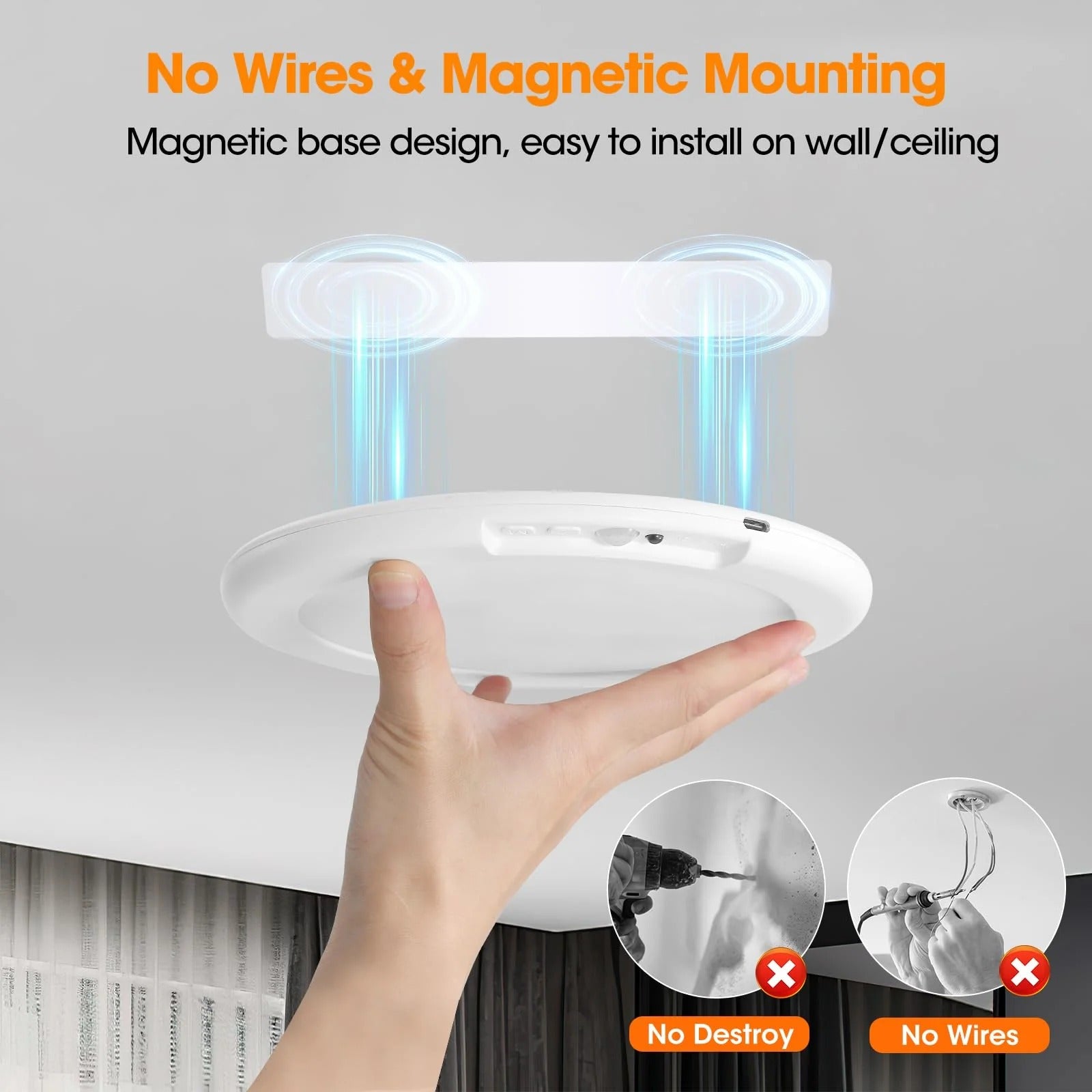 Wireless Motion Sensor Ceiling Light Rechargeable No-Drill