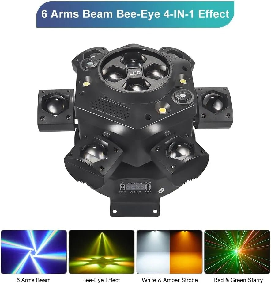 150W RGBW Moving Head DJ Light | 6-Arm Bee-Eye Stage Light for Party & Club Events