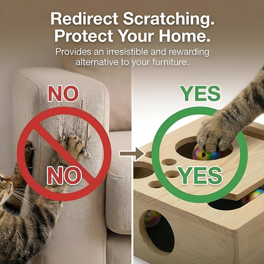 Solid Wood Cat Nail File Enrichment Box with Built-in Sandpaper
