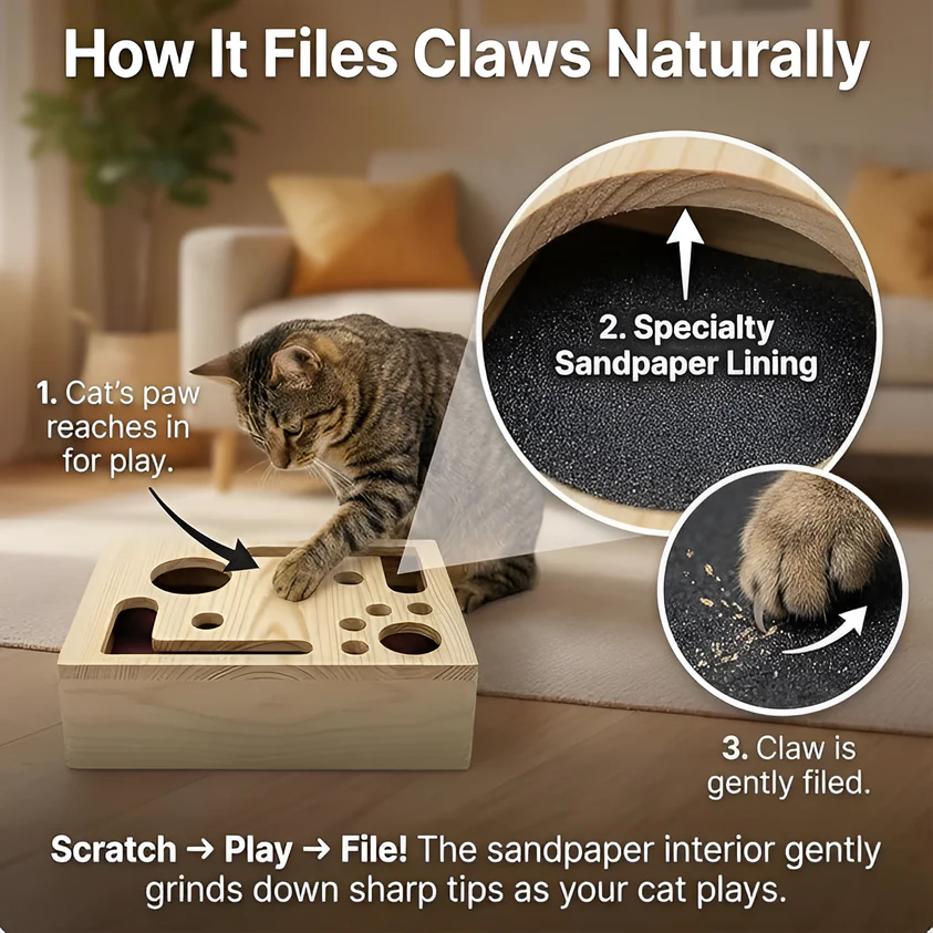 Solid Wood Cat Nail File Enrichment Box with Built-in Sandpaper